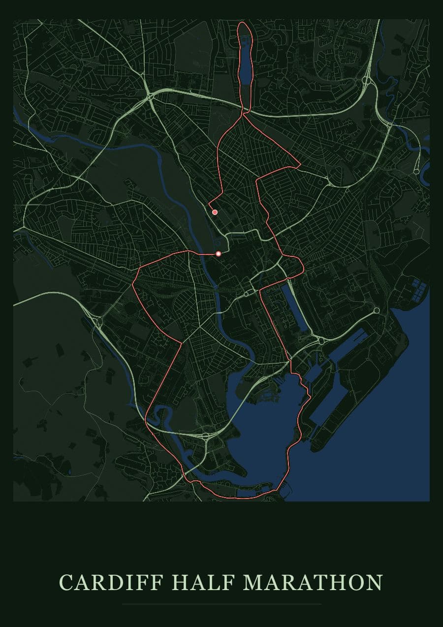 Cardiff Half Marathon — Forest · Full map palette poster