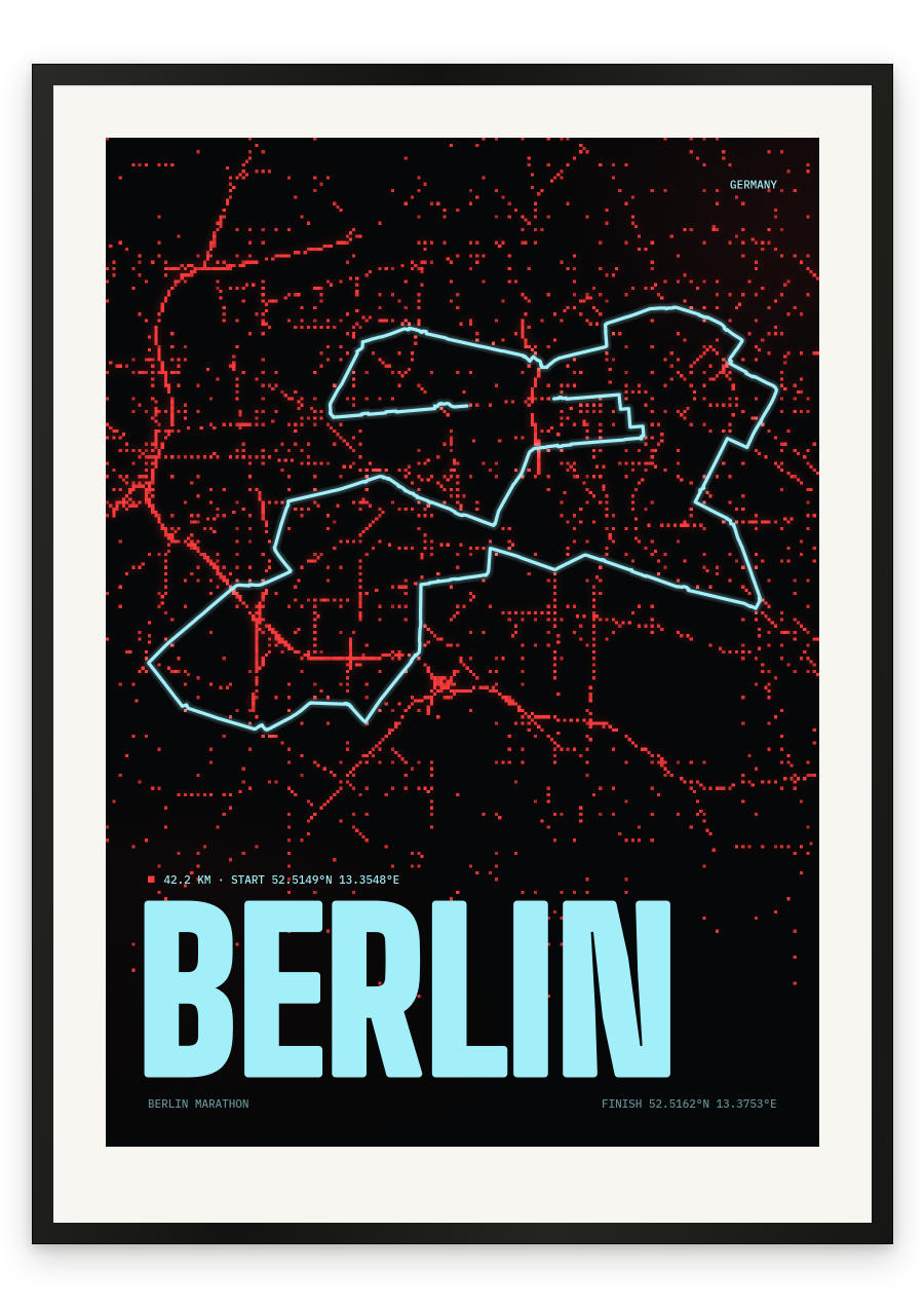 Berlin Marathon route print — Dot Red palette, dot edition
