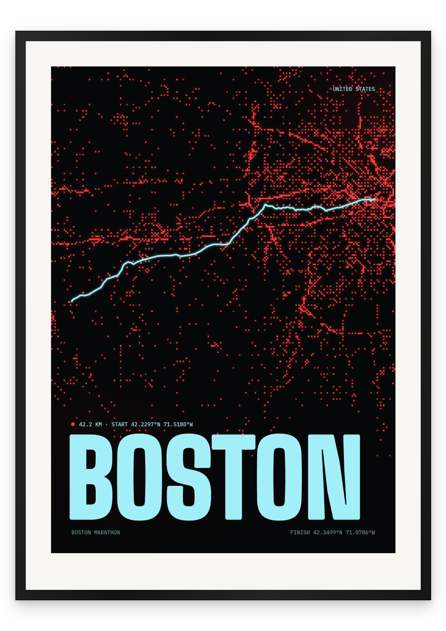 Boston Marathon route print — Dot Red palette, dot edition