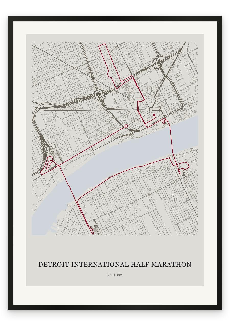 Detroit International Half Marathon route print — Chalk palette, classic map