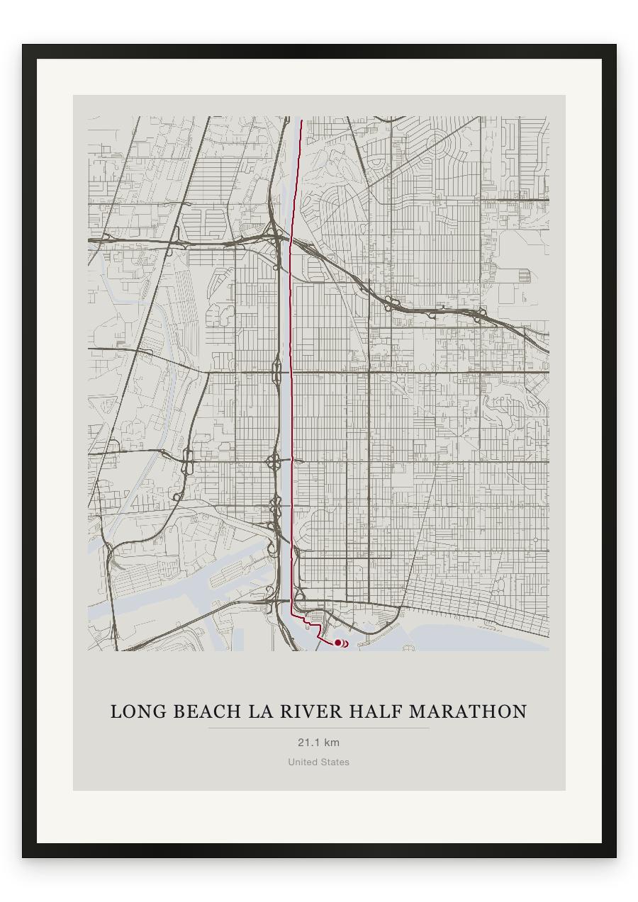 Long Beach LA River Half Marathon route print — Chalk palette, classic map