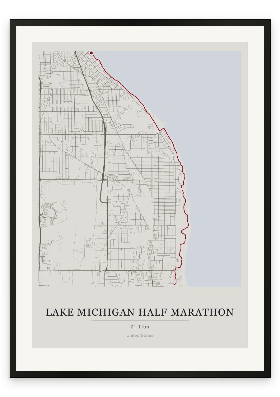 Lake Michigan Half Marathon route print — Chalk palette, classic map