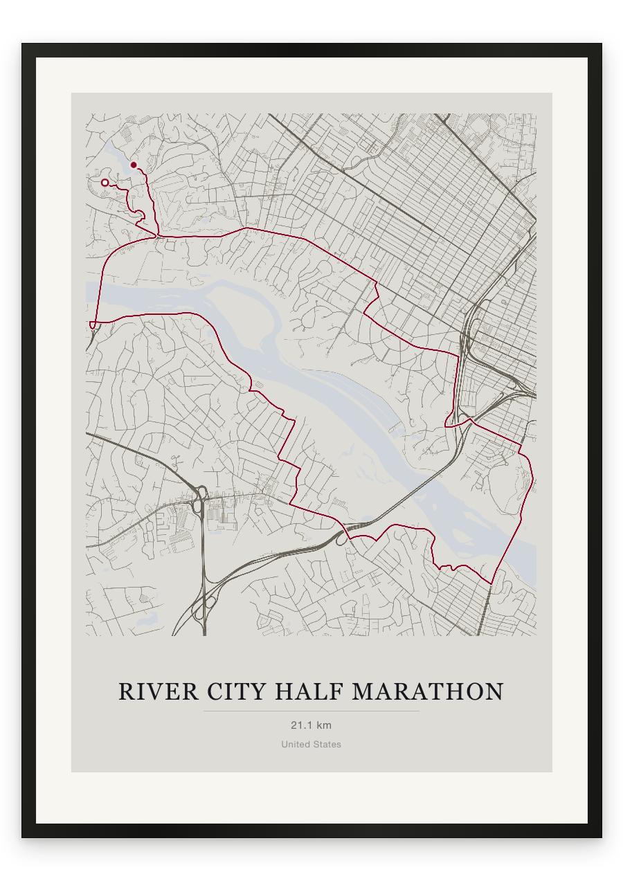 River City Half Marathon route print — Chalk palette, classic map