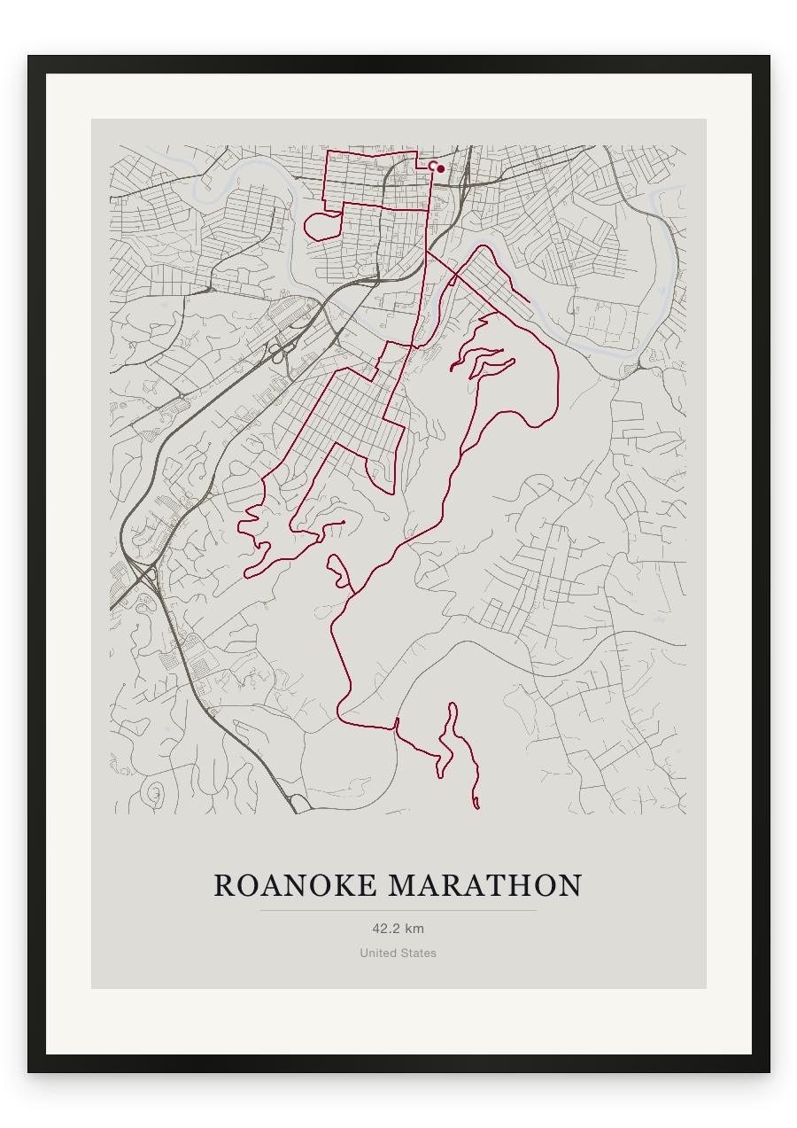 Roanoke Marathon route print — Chalk palette, classic map