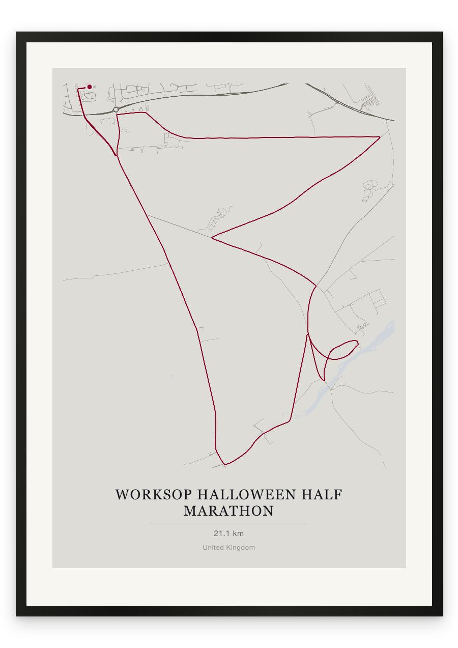 Worksop Halloween Half Marathon route print — Chalk palette, classic map